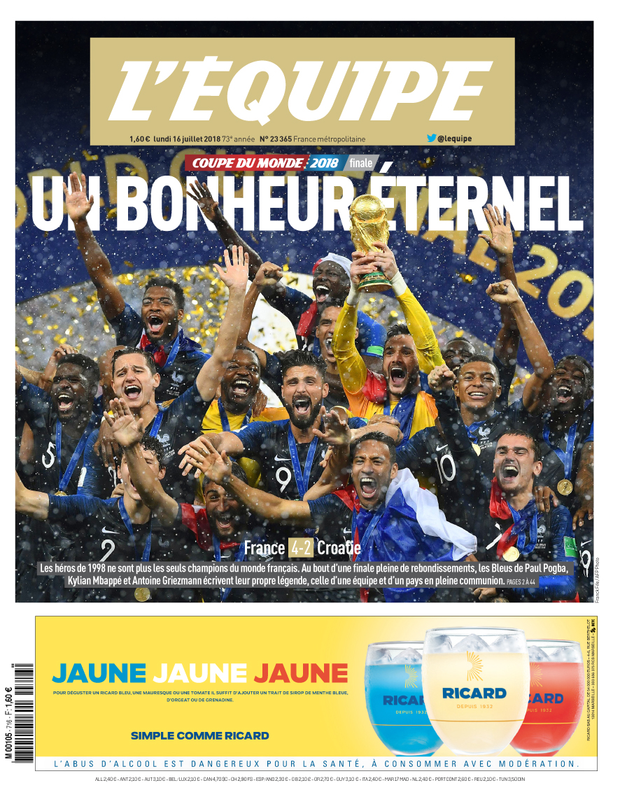 LA FRANCE EST CHAMPIONNE DU MONDE !!!En battant la Croatie 4-2, malgré une première période très moyenne, les Bleus, grâce aux buts de Mandzukic c.s.c. (18ème), de Griezmann (38ème), de Pogba (59ème) et de Mbappé (65ème), ajoutent une deuxième étoile sur le maillot tricolore.