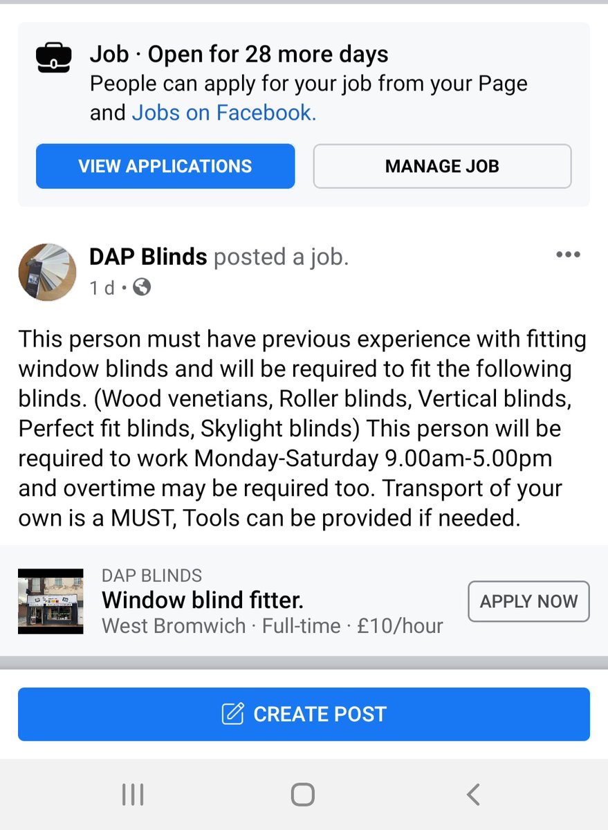 Good afternoon all, We are currently recruiting for a new window blind fitter. If this is of something of interest please get in touch either Via Twitter PM or Facebook where you can apply for the job and send us your CV!