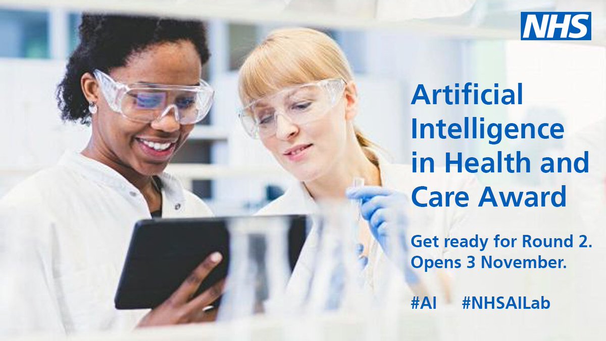 Do you have an #ArtificialIntelligence solution that could help transform health and care? Round 2 of the £140m #AI in Health and Care Award will open on 3 November. Find out more and get ready to apply at: england.nhs.uk/aac/what-we-do…
#NHSAIlab