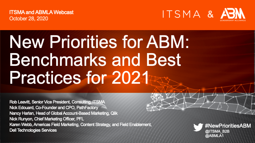 Momentum ITSMA (@momentumitsma) on Twitter photo Getting geared up to hear #ABM experts dig into fresh findings from the annual ABM Benchmarking Study!
Join <a href="/robleavitt/">Rob Leavitt</a> and <a href="/nickedouard/">Nick Edouard</a> of @PathFactory, <a href="/NancyHarlan/">Nancy Carlyle Harlan</a> of <a href="/qlik/">Qlik</a>, <a href="/Nick_CMO/">Nick Runyon</a> of <a href="/PFLcom/">PFL</a> and <a href="/SoxMomSection94/">Karen Webb</a> of <a href="/DellEMC/">Dell EMC</a>, at 1pm EDT.
<a href="/ABMLA1/">ABMLA1</a>
bit.ly/3ABMbmsWC20 Getting geared up to hear #ABM experts dig into fresh findings from the annual ABM Benchmarking Study!
Join <a href="/robleavitt/">Rob Leavitt</a> and <a href="/nickedouard/">Nick Edouard</a> of @PathFactory, <a href="/NancyHarlan/">Nancy Carlyle Harlan</a> of <a href="/qlik/">Qlik</a>, <a href="/Nick_CMO/">Nick Runyon</a> of <a href="/PFLcom/">PFL</a> and <a href="/SoxMomSection94/">Karen Webb</a> of <a href="/DellEMC/">Dell EMC</a>, at 1pm EDT.
<a href="/ABMLA1/">ABMLA1</a>
bit.ly/3ABMbmsWC20