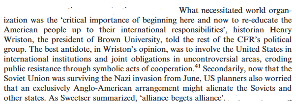 He correctly points out that while documents like the Atlantic Charter describe post-war principles, they did not actually call for a permanent IO.Instead, a global IO could ease "buy in" at home and abroad to US post-war global leadership (or "dominance")