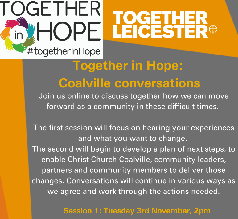 If you are in the Coalville area this might be of interest to you... Come #TogetherinHope to share stories about the change you want to see in Coalville. Find out more: buff.ly/3kCyFSO <a href="/TogetherLeic/">Together Leicester</a>