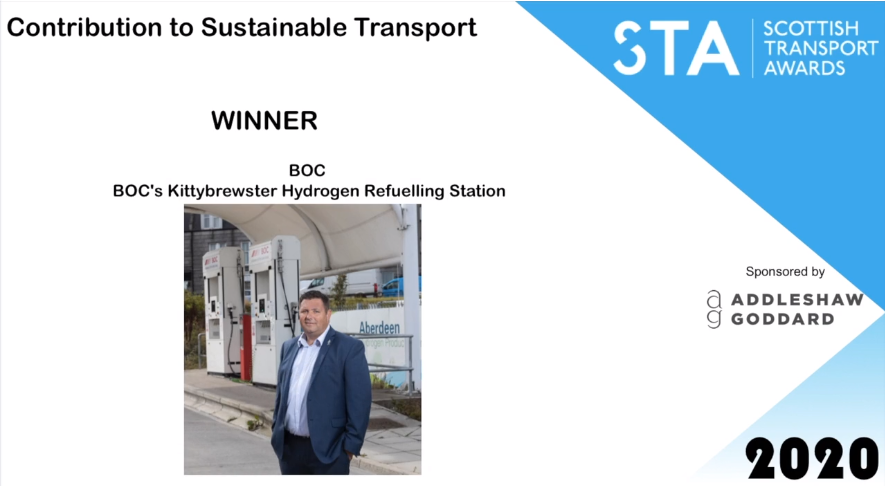 boconline's tweet photo. Delighted to announce that BOC’s Kittybrewster #hydrogen refuelling station is winner of the Contribution to Sustainable Transport award at today’s @TransportTimes Scottish Transport Awards #STAS2020 https://t.co/5w9tptRvRt