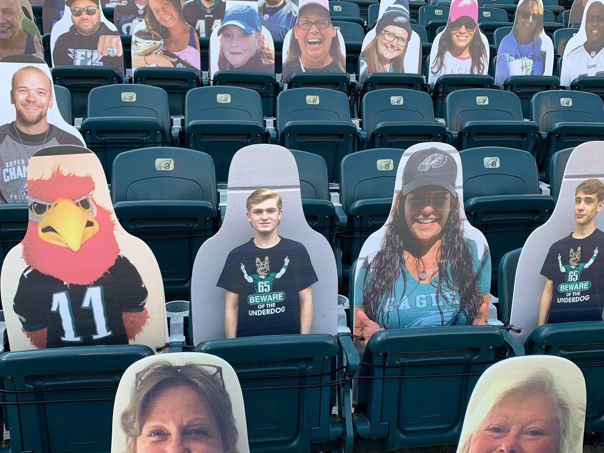 HolyGhostPrep's tweet photo. Thanks to HGP parent Shawn Crompton for taking pictures of the 3 @HolyGhostPrep Firebirds (@HGPSGA prez Joe Warchal, VP Jake Marek, and the HGP Firebird himself) who are serving as virtual fans in Section 108 at @Eagles home games this year. #ThinkGhost #FlyEaglesFly #BeatDallas https://t.co/WL1NQ0esWd
