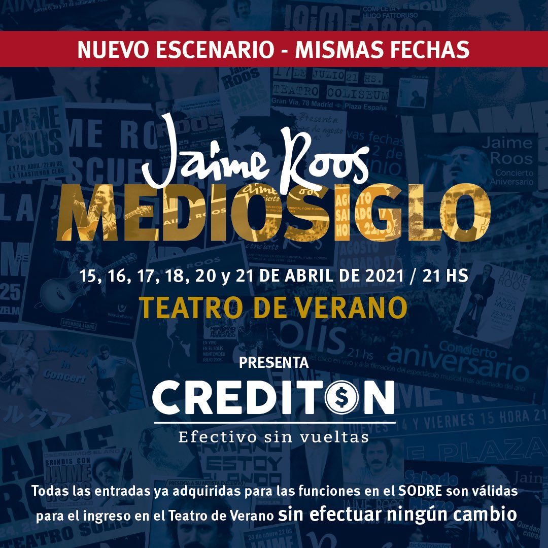 📣 JAIME ROOS - “Mediosiglo” Por motivos relacionados con la duración de la pandemia, nos vemos obligados a mudarnos de escenario y presentar el show en el Teatro de Verano, en las mismas fechas y horas ya marcadas para mediados de abril