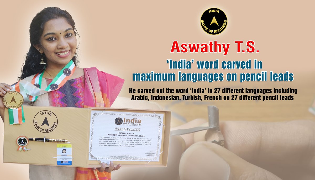 Aswathy T.S. of #Thrissur, #Kerala set the #record for #carving out the #word ‘#India’ in 27 different #languages including #Arabic, #Indonesian, #Turkish, #French on 27 different #pencilleads.
Read More At: https://t.co/fKPNblPb2a https://t.co/xiEzza0xuG