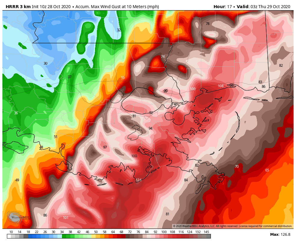 SteveWAFB's tweet photo. Forecast maximum wind gusts from multiple models paints an ugly scenario for SE Louisiana from #Zeta. Again these areas get hit worst: Terrebonne, Lafourche, St. Charles, St. John the Baptist, Jefferson, Orleans, St. Bernard, Plaquemines, St. Tammany. #LAwx https://t.co/3XGJM4E5xL
