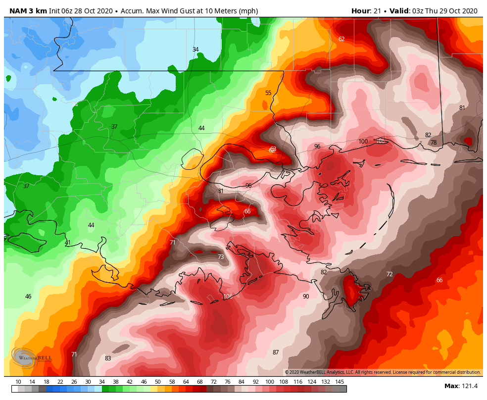 SteveWAFB's tweet photo. Forecast maximum wind gusts from multiple models paints an ugly scenario for SE Louisiana from #Zeta. Again these areas get hit worst: Terrebonne, Lafourche, St. Charles, St. John the Baptist, Jefferson, Orleans, St. Bernard, Plaquemines, St. Tammany. #LAwx https://t.co/3XGJM4E5xL