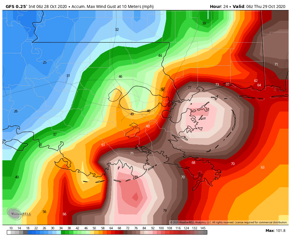 SteveWAFB's tweet photo. Forecast maximum wind gusts from multiple models paints an ugly scenario for SE Louisiana from #Zeta. Again these areas get hit worst: Terrebonne, Lafourche, St. Charles, St. John the Baptist, Jefferson, Orleans, St. Bernard, Plaquemines, St. Tammany. #LAwx https://t.co/3XGJM4E5xL