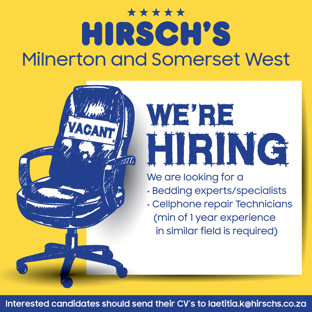 WE ARE HIRING! π If you are interested in joining our team at Hirsch's in the stunning Mother City, kindly email your CV to laetitia.k@hirschs.co.za ππ https://t.co/g5SJmWEkVk