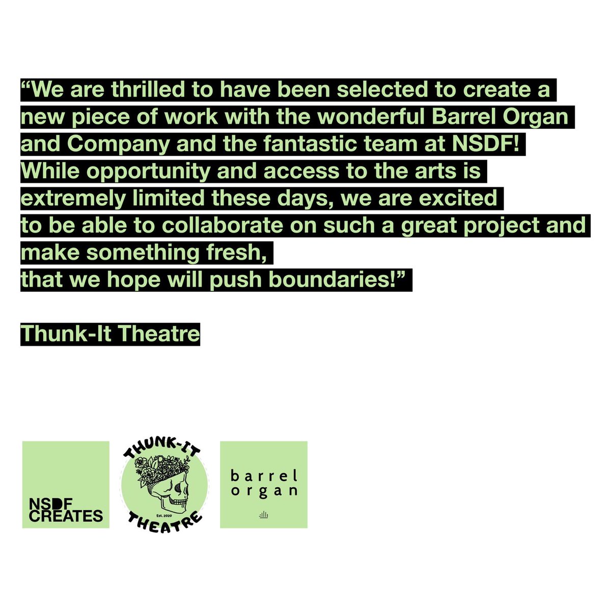 📣<a href="/NSDFest/">National Student Drama Festival</a> is super excited to announce that <a href="/ThunkItTheatre/">Thunk-It Theatre CIC</a> have been chosen to work with <a href="/Barrel_Organ/">Barrel Organ</a> for “Barrel Organ and Company”, part of NSDF CREATES📣
Under the mentorship of Barrel Organ they'll create a new piece for NSDF21. Here’s some words from both companies 👇