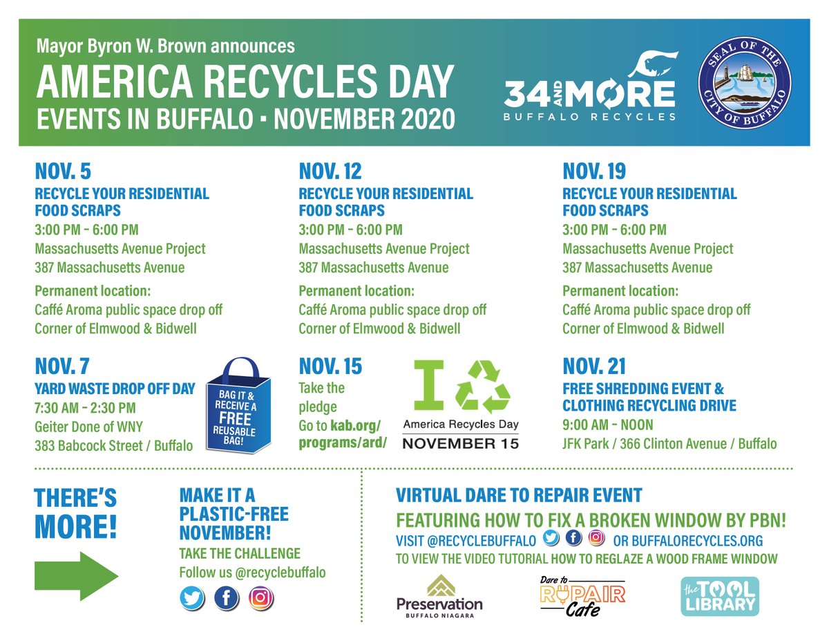 recyclebuffalo's tweet photo. Did you know that Nov. 15th is America Recycles Day? 

We've decided to celebrate all month long in the City of Buffalo!

We have a ton of activities to help you recycle more &amp; recycle better. 

Check out our calendar &amp; follow along on social media to join us in the fun! ♻️🌎❤️ https://t.co/u6CDo3HG7t