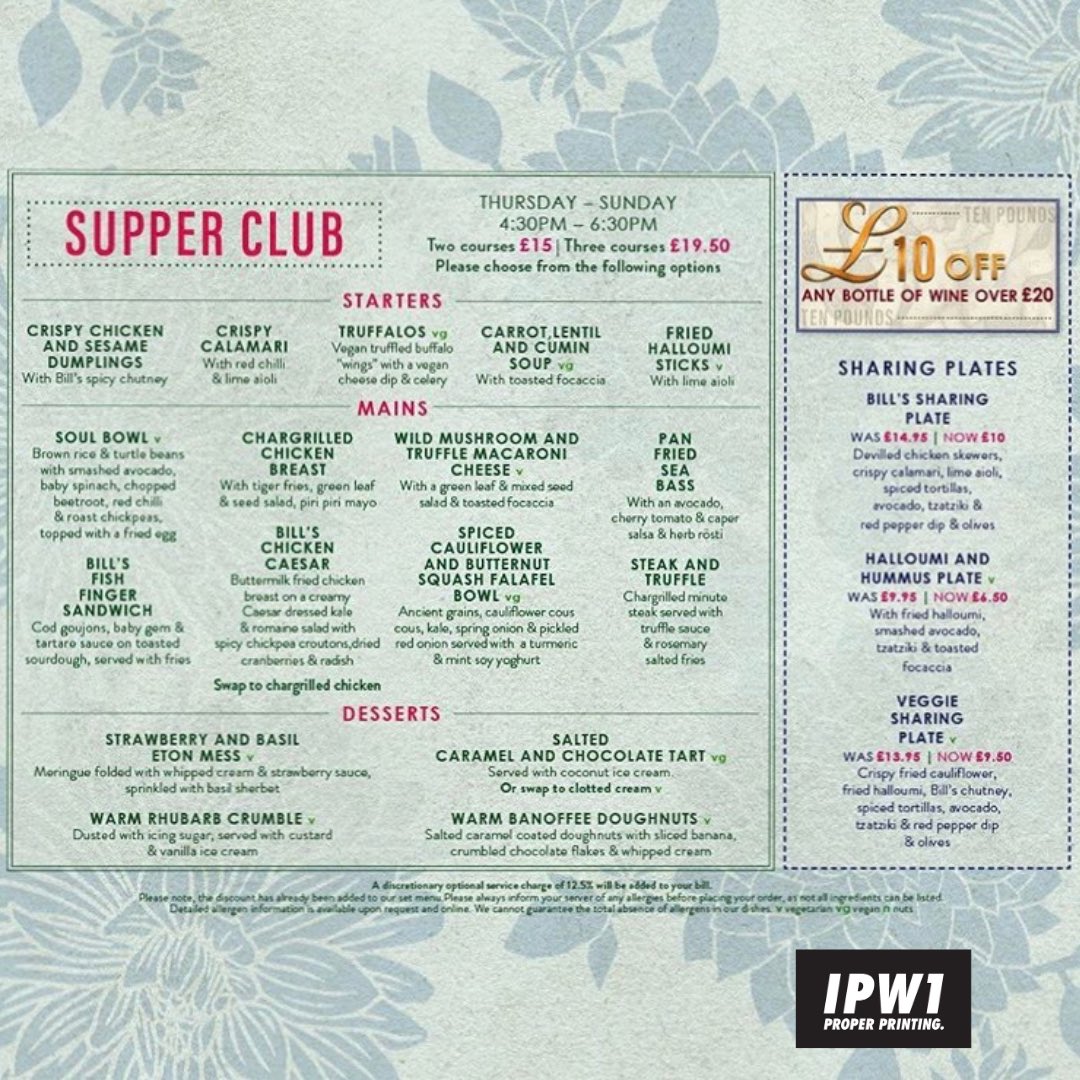 IPW1_Printers's tweet image. IPW1 prints professional, stunning menus. Here’s what we created for @BillsRestaurant 🍸

It isn’t just what’s on your menu that matters, the look and feel is vital concidering it’s one of your customers first interactions with your brand. #ipw1 #menu #billsrestaurant #printers