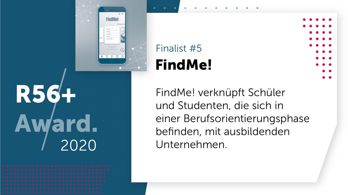 Region56Plus's tweet photo. R56+ Award Finalist #5 - FindMe!
„FindMe! ist ein herausragendes Projekt, um Fach- und Führungskräfte zu finden und in den Unternehmen der Region 56 zu halten. Damit hilft FindMe! der Zukunftssicherung für uns alle und für unsere Kinder!“ (F. Gotthardt, CGM) #region56plus #award https://t.co/L5QXXFkeey
