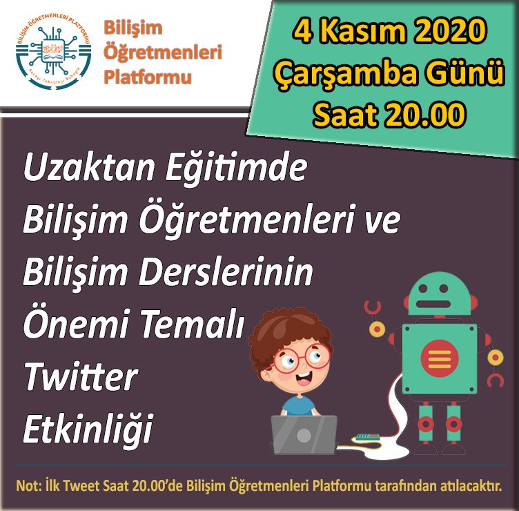 Tüm Bilişim öğretmenleri arkadaşlarımızı ve Eğitime gönül vermiş  herkesi haftaya çarşamba günü yapacağımız twitter etkinliğimize bekliyoruz.

Birlikte güçlüyüz. 💪

<a href="/btoplatformu/">Bilişim Öğretmenleri</a> <a href="/btedernegi/">BTE Derneği</a>