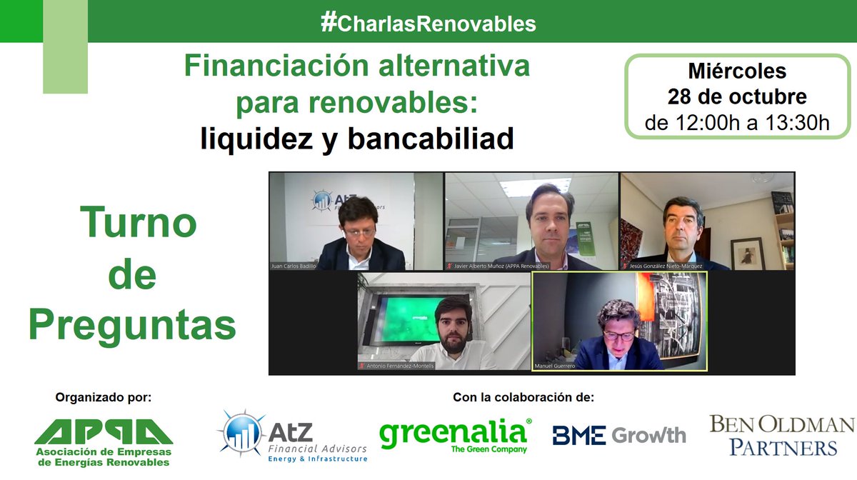 APPA_Renovables's tweet image. Pasamos ya al #TurnoDePreguntas en el webinar sobre #FinanciacionAlternativa. Las cuestiones de los #profesionales es una de la parte más enriquecedora de las #CharlasRenovables. Recordad que os haremos llegar el vídeo de la sesión a los más de 400 inscritos.