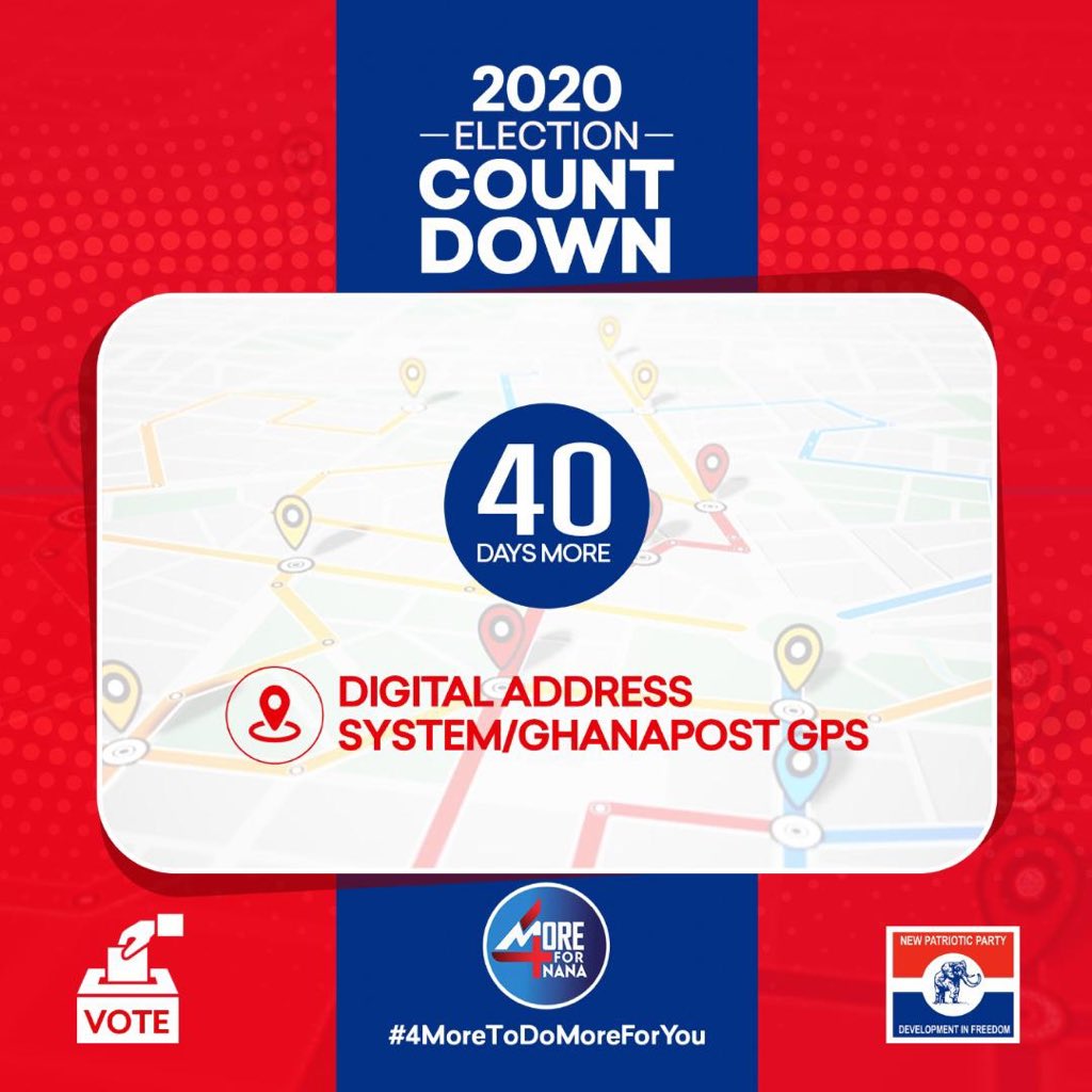 Arubeero's tweet photo. Countdown to Election 2020:
#40DaysToVote
Reminder: Introduction of a digital address system through the GhanaPost GPS
#LeadershipOfService
#4MoreForNana
#TheBattleIsTheLords https://t.co/d6r3QkzCc4