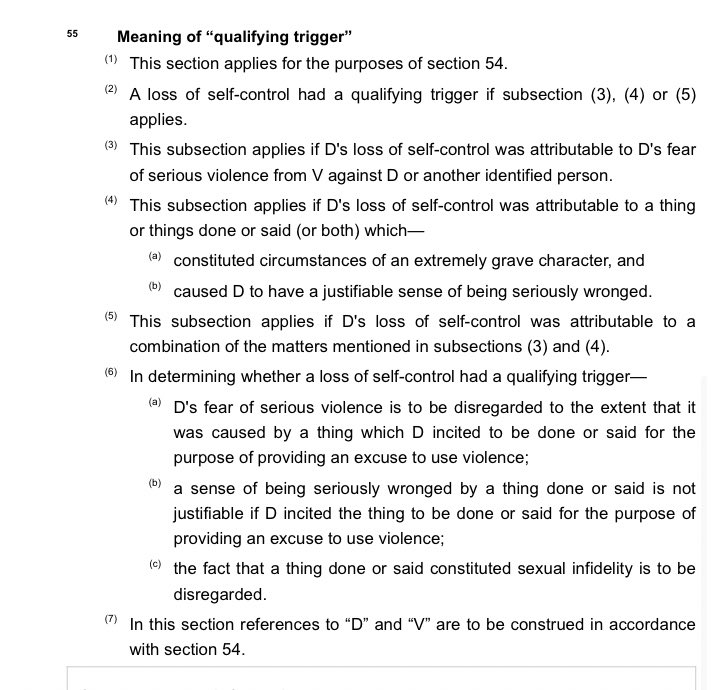 There’s a lot to unpack there. Key is the idea of a “qualifying trigger”. It means that you can’t just lose self-control for any reason - it has to meet the criteria in section 55: