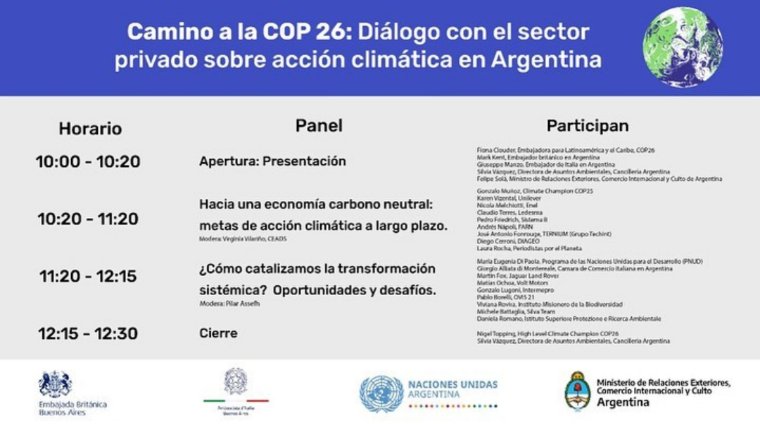 OficinaOds's tweet photo. ℹ️Desde @ArgentinaOds te invitamos a participar de este evento

👉“Camino a la #COP26: Diálogo con el sector privado sobre acción climática en Argentina”

▶️Co-organizado por la Cancillería Argentina, la Embajada Británica y la Embajada Italiana

⚠️Jueves 29/10 10 a 12.30 hs🇦🇷 https://t.co/Iuwl1JUwQW