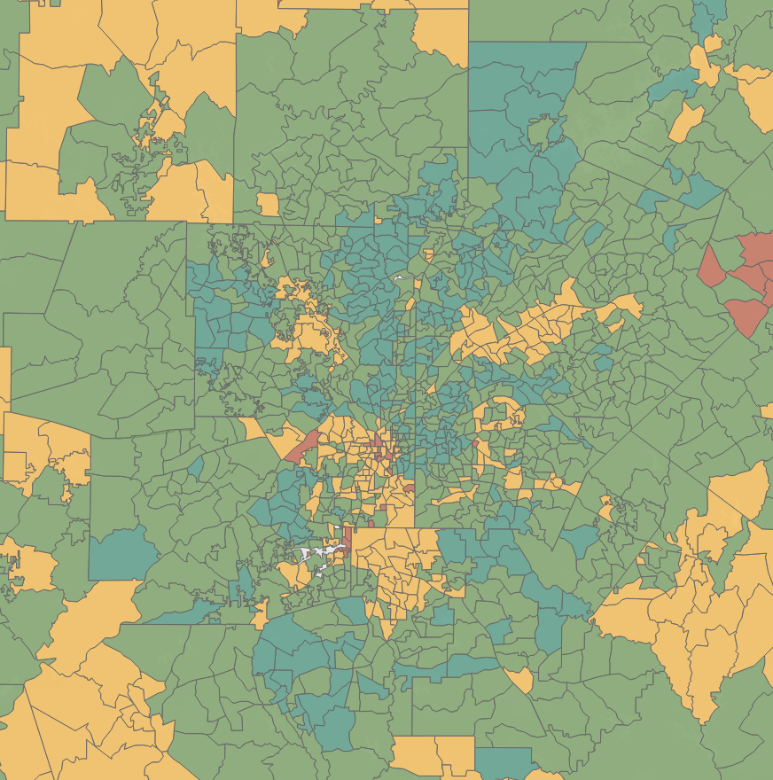 Some things that stand out to me in the metro area: - the high turnout in Forsyth (top right) and Fayette (bottom center), lower early-voting turnout in Clayton, parts of Atlanta, Gwinnett. Darker green = higher % turnout. https://public.tableau.com/profile/stephen.fowler#!/vizhome/TurnoutByPrecinct/TurnoutByPrecinctMap