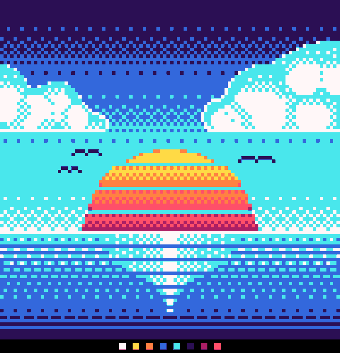 eoss_akira's tweet photo. Sunset by the Sea 

Palette: #funkyfuture8 by @Shamaboy11 
#pixelart #digitalart #artph #sunset #Retro https://t.co/9693hTcLuJ