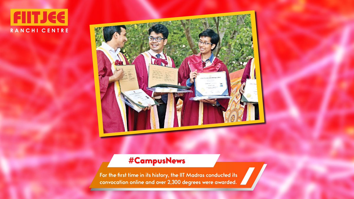 FIITJEERanchi's tweet photo. For the first time in its history, theIIR Madras conducted its convocation online on Sunday and over 2,300 degrees were awarded.
#CampusNews #IITNews #IITMadras #OnlineConvocation #iitcampus #iitm #convocation #classof2020 #newnormal #newnormal2020 #covidtimes #onlinecoach https://t.co/0OjO682zJ3