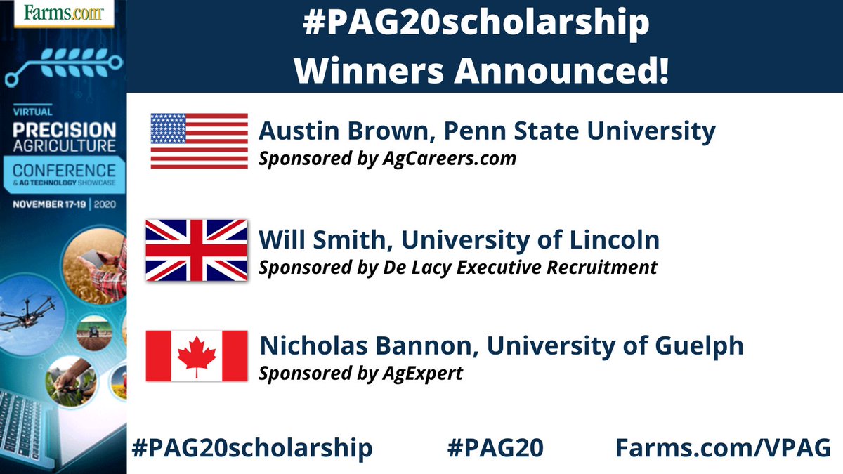 FarmsPrairies's tweet photo. #PAG20scholarship contest winners announced!
Congratulations to Will Smith, Austin Brown & Nicholas Bannon - each will receive a US$2,000 scholarship & will present more detailed information about their scholarship submission at #PAG20 this November!
https://t.co/4y2wn4HoeO https://t.co/p73mykMv0p