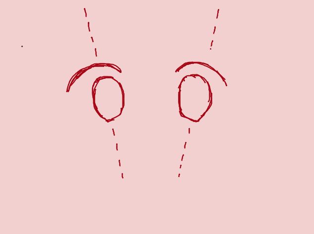 今って瞳を正円ぎみに描く人が多いけど、縦長に描いてる場合は図1みたいに上側が開きぎみに傾いてる事が多いよね。
今まで自分は図2みたいに真っ直ぐか、または普通と逆向きに傾けてたんだけど皆と同じようにした方が描きやすいと思ったよ笑 