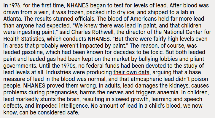 Public data experts in the US always cite the example of lead as an eg. of why data is important. You know why lead was banned from paint and then gasoline, despite oil lobbies' best efforts? Because of data from health surveys. [3 / n]