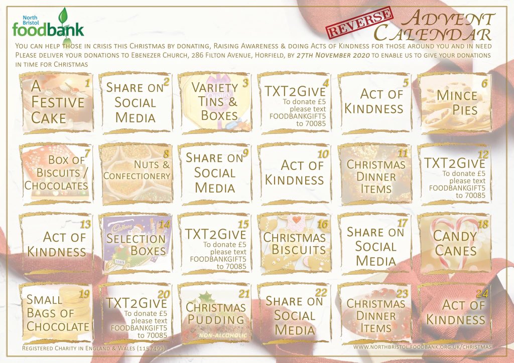We know for some it is a bit early to think about Christmas. But we want to make sure that, as well as receiving nutritionally balanced emergency food parcel, people in crisis receive some festive treats. So why not do our Reverse Advent Calendar this year?northbristol.foodbank.org.uk/christmas