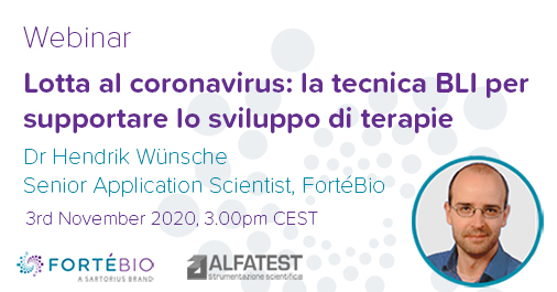 ForteBio's tweet image. Our Italian partners @AlfatestS will be running a webinar on BLI &amp;amp; therapeutics for #SARSCoV2. Our senior application scientist Hendrik Wuensche will be discussing key examples and explaining how #BLI is helping scientists with #Coronavirus #research. bit.ly/3nWiZvt