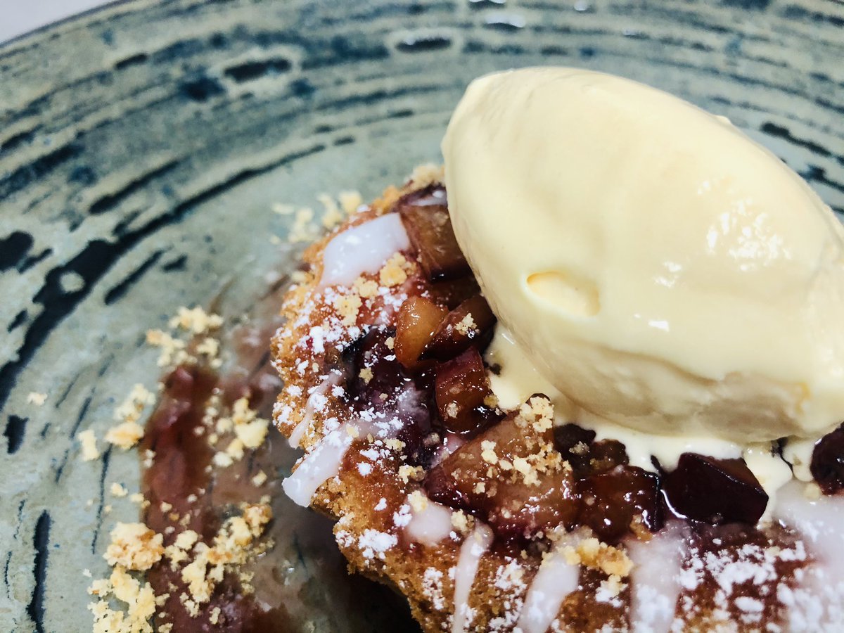 Damson and plum crumble tart, muscovado ice cream