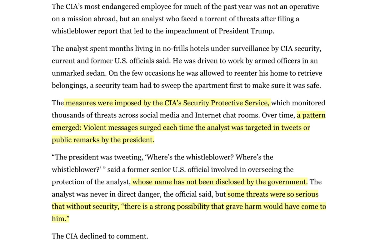 This is mind blowing -the level of attacks via Tweets caused the CIA’s SPS Implementation of various measures to protect the CIA whistleblower.you know the wall of nameless stars, those are CIA employees that paid the ultimate sacrificecc  @burgessct  https://www.washingtonpost.com/national-security/threats-follow-trump-poliical-attacks/2020/10/28/c6dbce02-1792-11eb-82db-60b15c874105_story.html