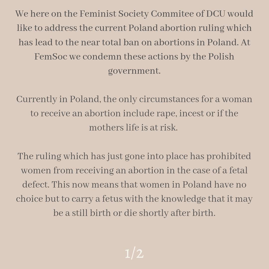 femsocDCU's tweet photo. A statement regarding the ruling on abortion in Poland. Link in bio to sign a petition. #standwithpoland #abortionrights https://t.co/SfoAWWRyn7