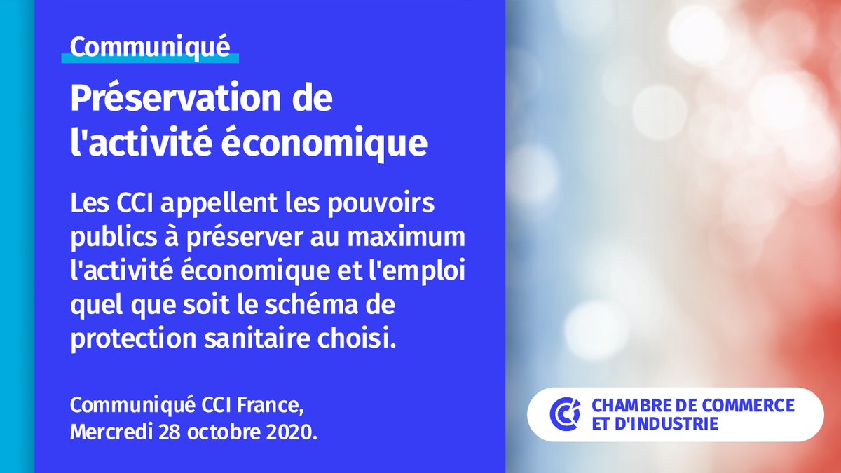 ccifrance's tweet photo. 🔵 [Communiqué] Toutes les voies et les moyens d'un maintien de l'activité de l'#industrie mais aussi des #commerces, dès lors que des mesures sanitaires très strictes sont respectées, doivent être explorés. Lire 👉 https://t.co/ixARiqEmUi
#confinement2 #CCI #économie #France https://t.co/Cva1JOz3Gw