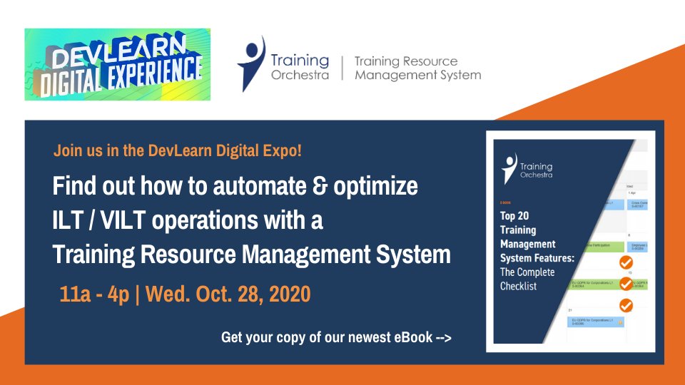TrainingOrc's tweet photo. Join us today for the last day of #DevLearnDDX at our virtual exhibit! Our team will be available for 1:1 conversations, and we look forward to chatting with you about optimizing your #ILT and #vILT operations. Get your free expo pass here: https://t.co/S9wYjGZ1yn #DevLearn2020 https://t.co/E3HPepvbOM