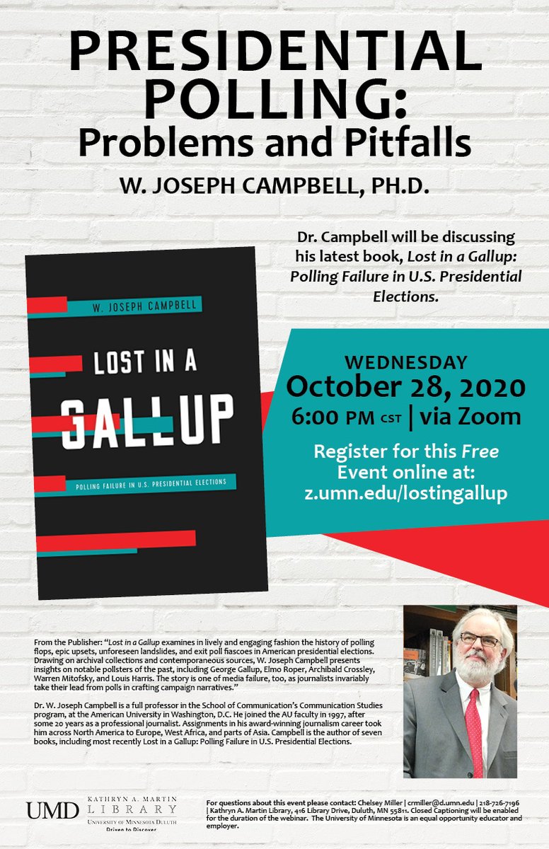 Jennifer E Moore (@jem2998) on Twitter photo Tonight! 6:00P CST / 7:00P EST
Sign up for this timely talk about history of U.S. presidential polling feat. <a href="/wjosephcampbell/">W. Joseph Campbell</a> It's a free <a href="/UMNDuluth/">UMN Duluth</a> webinar!
Link w/more info: calendar.d.umn.edu/event/1511-los…
Pls RT <a href="/AEJMC/">AEJMC</a> <a href="/AEJHistory/">AEJMC History</a> <a href="/AJHAsocial/">AJHA</a> <a href="/zenithbooks/">Zenith Bookstore</a> #twitterstorians Tonight! 6:00P CST / 7:00P EST
Sign up for this timely talk about history of U.S. presidential polling feat. <a href="/wjosephcampbell/">W. Joseph Campbell</a> It's a free <a href="/UMNDuluth/">UMN Duluth</a> webinar!
Link w/more info: calendar.d.umn.edu/event/1511-los…
Pls RT <a href="/AEJMC/">AEJMC</a> <a href="/AEJHistory/">AEJMC History</a> <a href="/AJHAsocial/">AJHA</a> <a href="/zenithbooks/">Zenith Bookstore</a> #twitterstorians