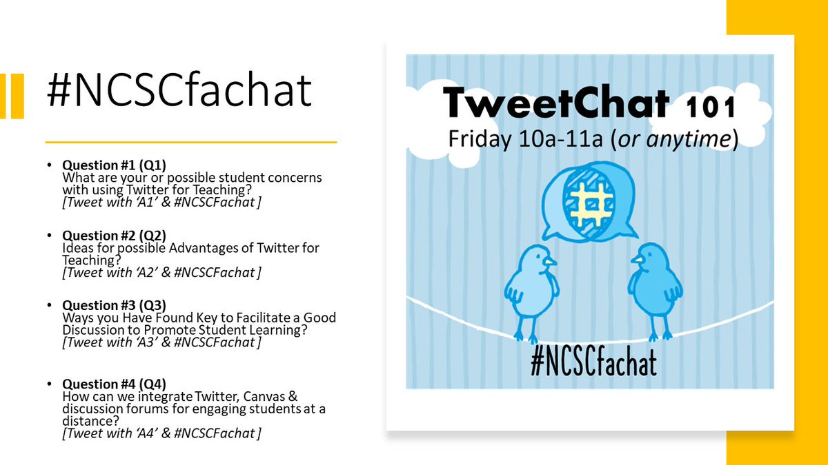 Qs for This Friday's #tweetchat - post answers ahead of time tagging them with #NCSCfachat &amp; which Q you are responding to (eg A1) #twitterchat #edtech #Northcentralstate