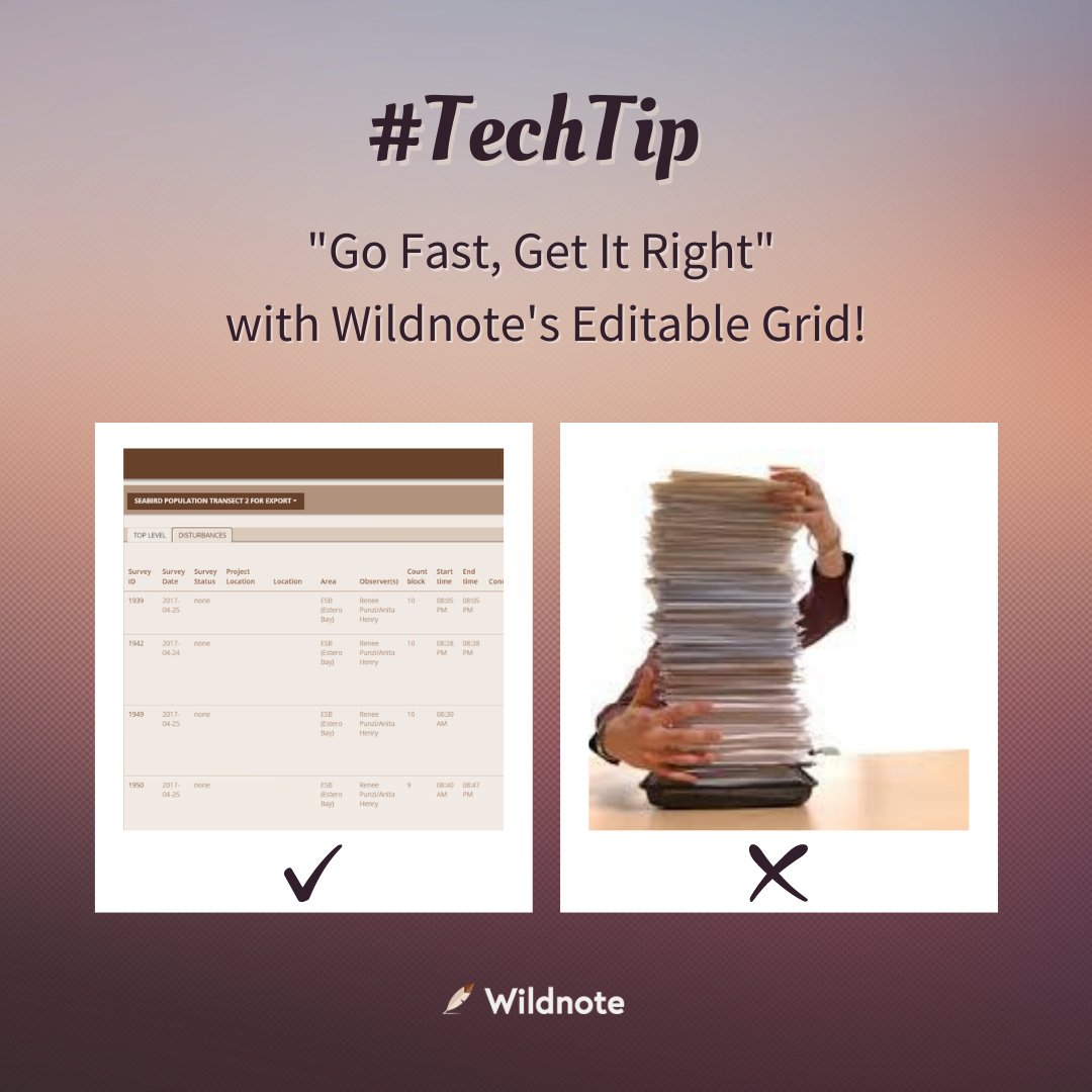 WildnoteApp's tweet image. Use Wildnote's Editable Grid Feature to see all of your data in one place for faster QA/QC before exporting your reports. Request a demo📱- hubs.ly/H0yS9rt0
#Wildnote #TechTip #AppFeature