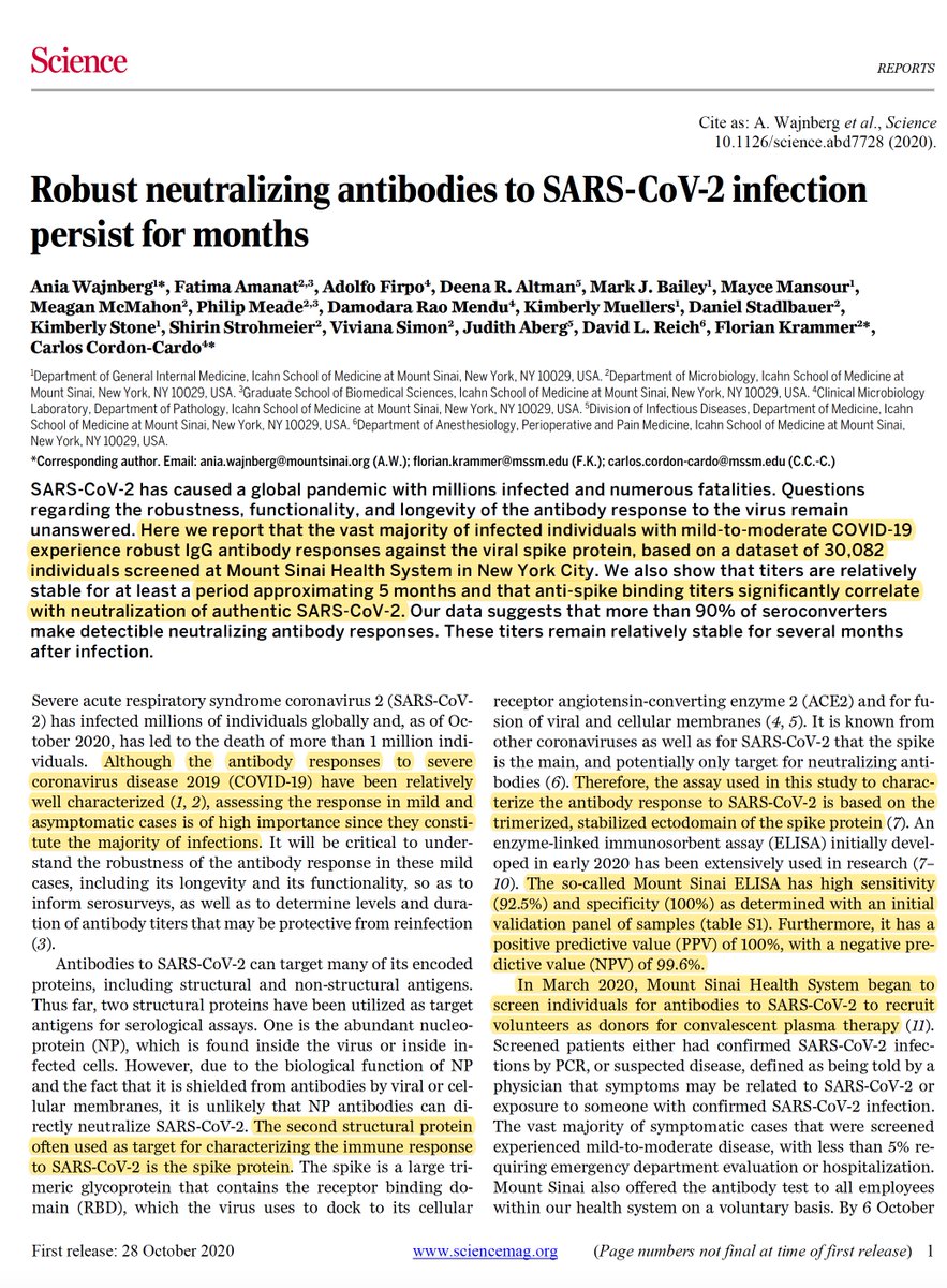 EricTopol's tweet image. Just published @ScienceMagazine. &amp;gt;30,000 people w/mild to moderate #COVID19 have excellent IgG antibody titers for several months. No disappearing act. Important👍👍
science.sciencemag.org/content/sci/ea… 
@MountSinaiNYC @FatimaAmanat  @DrDavidReich @florian_krammer @IcahnMountSinai et al
,