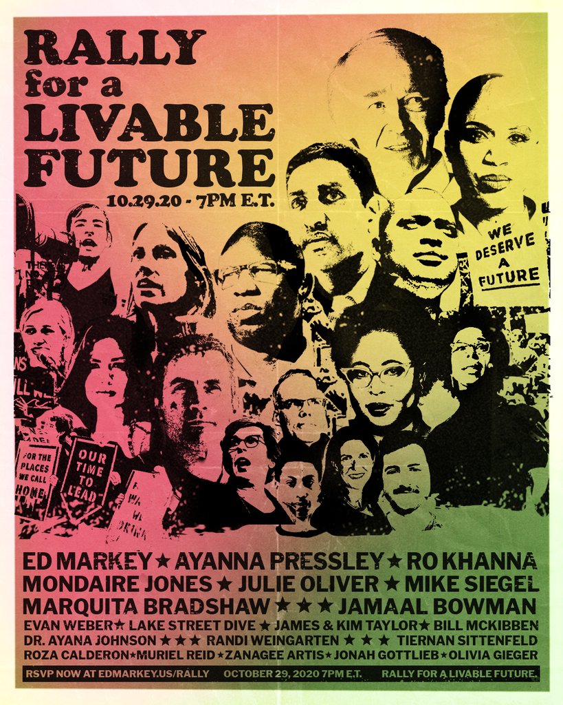 Tomorrow night we will livestream a historic Rally for a Livable Future with political leaders, activists, musicians, and organizers who are committed to passing a Green New Deal. Sign up to join us at  http://edmarkey.us/rally  and learn about our incredible guests below.
