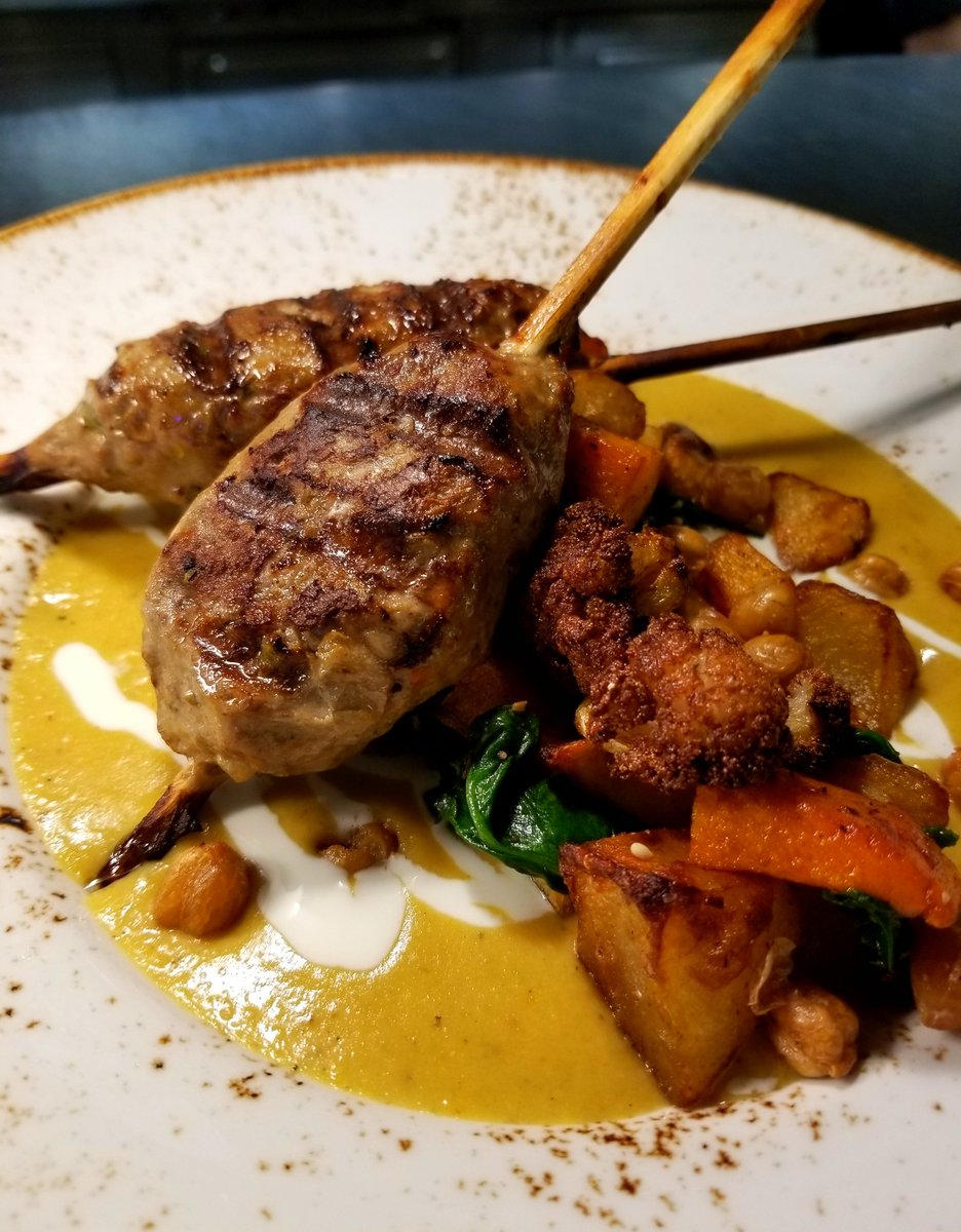 Snow on the ground, warming up with Curried Roasted Cauliflower with Lamb Kofta -Korma Curry / Roasted Cauliflower / Potatoes / Butternut Squash / Chick Peas / Spinach / Naan Bread