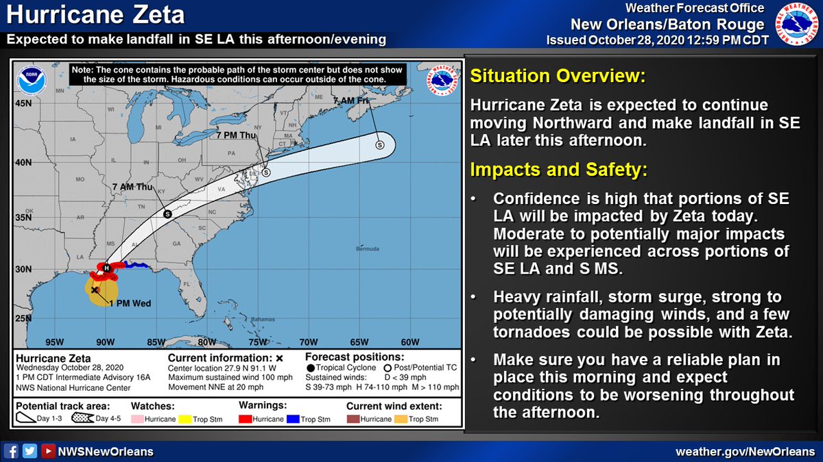 NWSNewOrleans's tweet photo. Here is the latest 1PM CDT advisory for Zeta. It has strengthened to a Category 2 hurricane with max sustained winds at 100mph. You should have all your preparations completed IMMEDIATELY. Landfall is expected along the SE LA coastline this afternoon. Stay safe! #mswx #lawx https://t.co/7k8kyVCynf