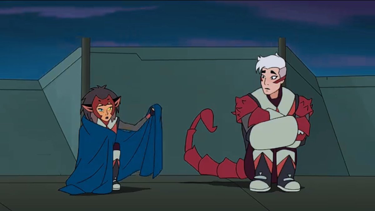 Season 218: Happy to see her teammates happy. And also somewhat grateful she'd have to avoid Hordak's wrath.19:being compassionate by Sharing her blanket(from her cadet days) with Scorpia,allowing her into her personal space. Which is huge for abuse survivors