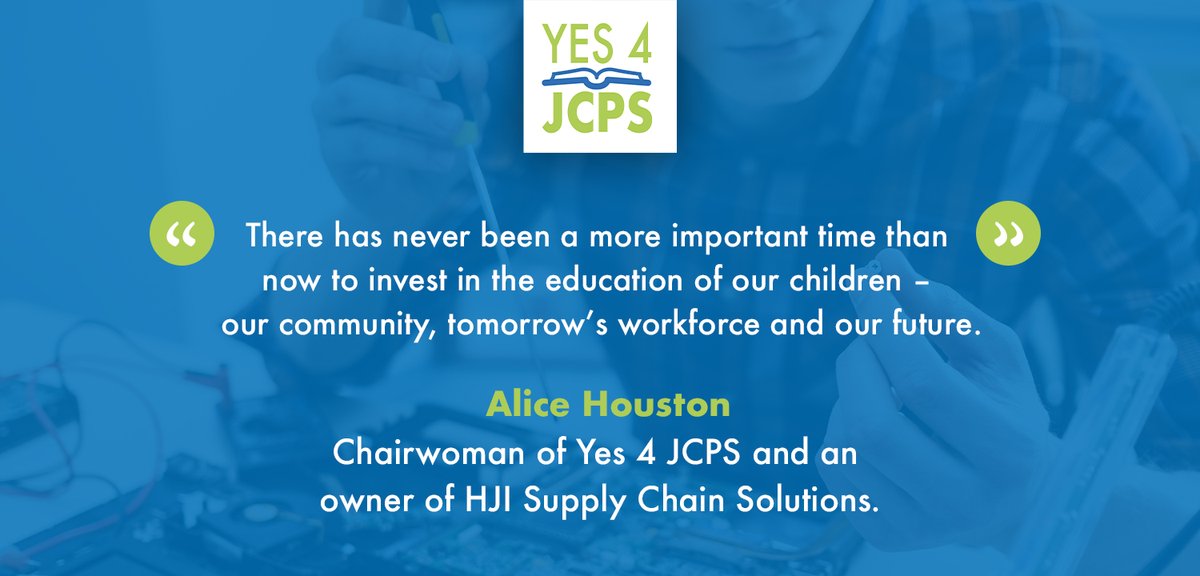 📣 Yes 4 JCPS Endorsement: HJI Supply Chain Solutions owner Alice Houston endorses the #Yes4JCPS campaign because it's time to invest in our children, our community, tomorrow's workforce and our future.

Flip your ballot and vote YES 4 JCPS ☑️