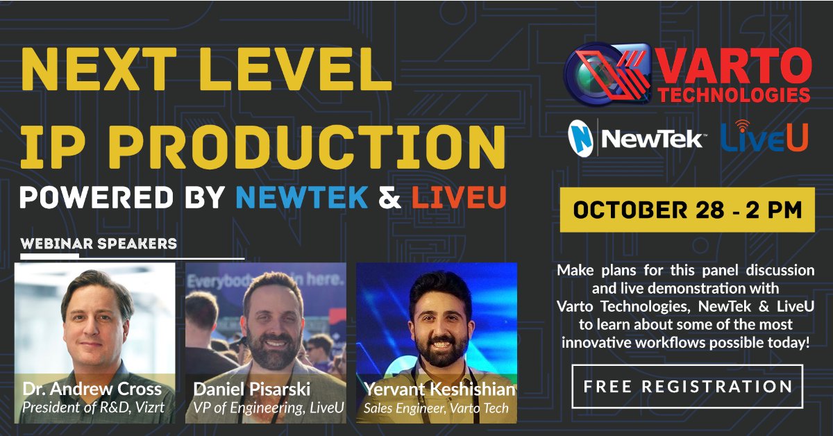 vartotech's tweet photo. WATCH NOW: Next Level IP Production Webinar with NewTek &amp; LiveU - https://t.co/HYCN0ZYqzj https://t.co/A9kygsrYxC