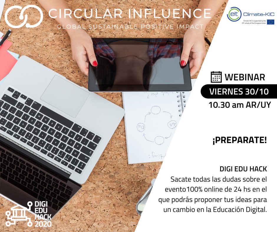 CircularInfluen's tweet image. Este viernes 30/10 a las 10.30 am sumate al webinar que te va a explicar todo sobre el #DigiEduHack2020.

¿Cómo participar? ¿Qué ideas se buscan? y mucho más contenido. 

Registrate en este link: 
eventbrite.co.uk/e/webinar-digi…