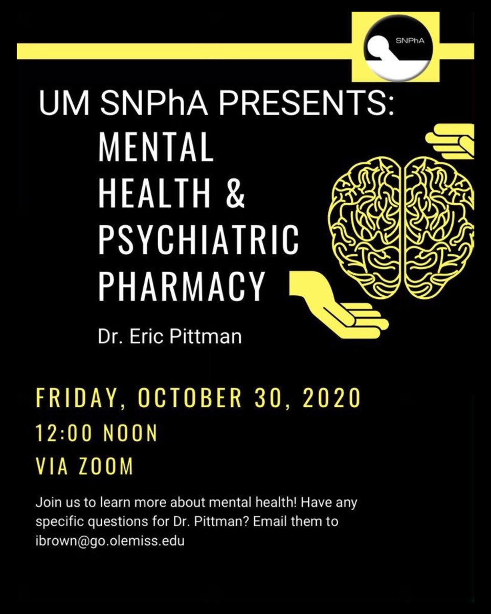 olemisssnpha's tweet photo. Do you have an interest in issues regarding mental health or psychiatric pharmacy? Tune in for an information-packed seminar lead by Dr. Eric Pittman on Friday 10/30 at noon! Zoom meeting link in Bio! #PushingThroughWithRegion2 #OurJourneyContinues https://t.co/b1eeWUDfPR