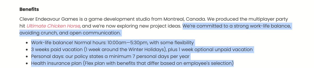 A list of valuable benefits that signal Clever Endeavour is a studio that considers and cares about the well-being of their people.