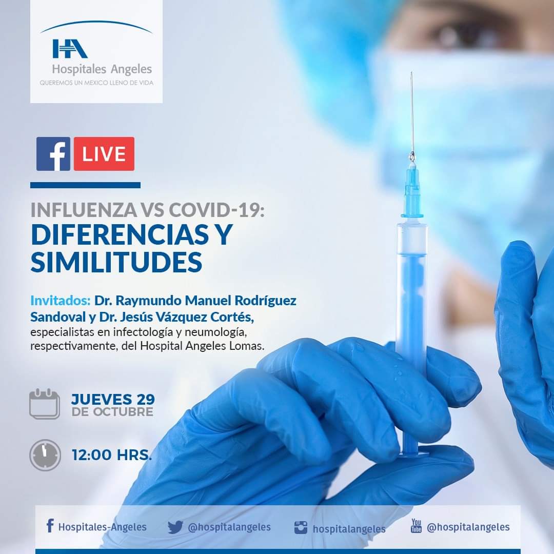 hospitalangeles's tweet photo. Sigue nuestra transmisión FBLive Influenza vs Covid-19: diferencias y similitudes. Este jueves 29 de octubre / 12:00 hrs.

@HospitalAngeles Lomas

¡Únete y escríbenos tus dudas en tiempo real!

#ComparteEstePost 👍🔜 https://t.co/qRy6eXBJ4p